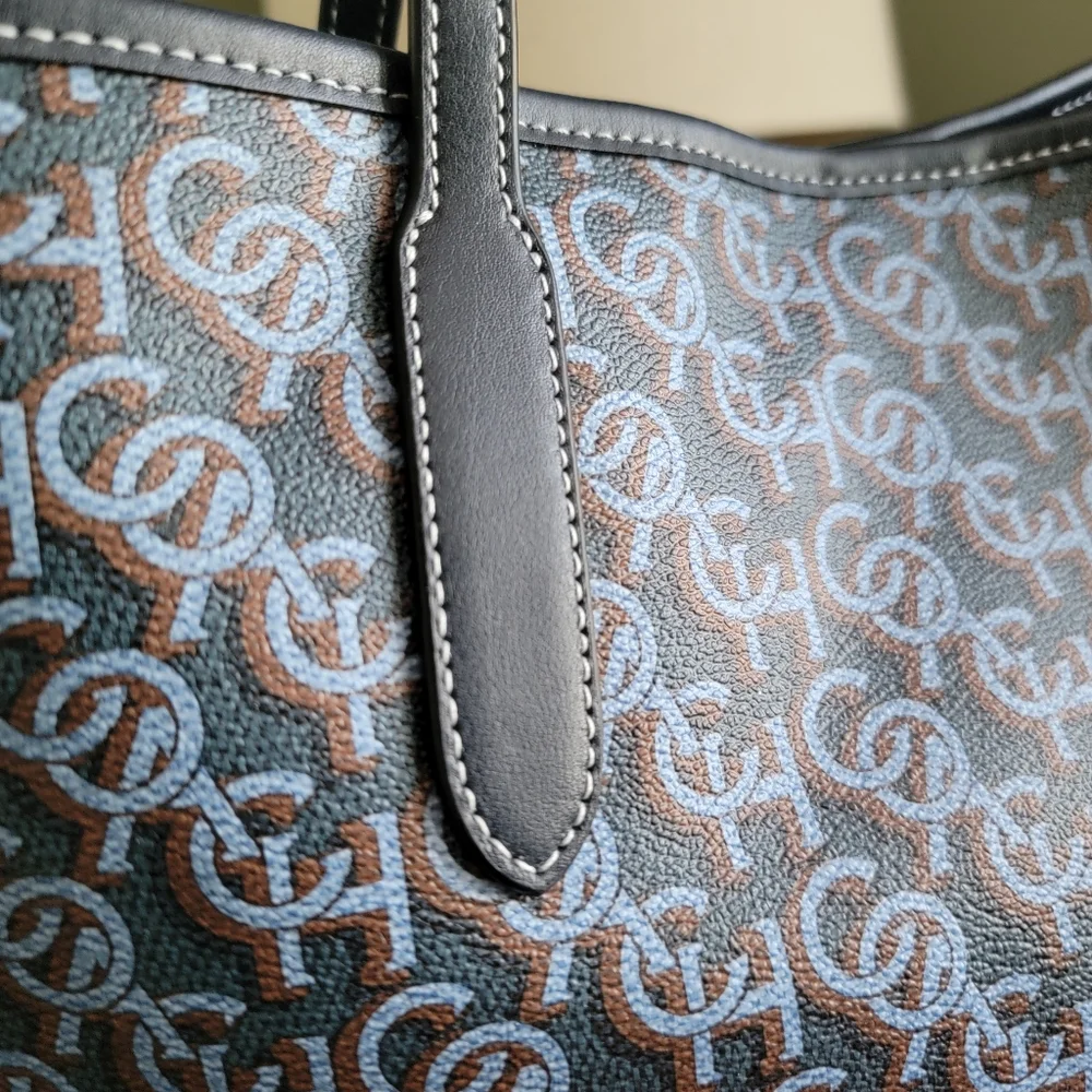 Coach CF342 City Tote Navy Blue Monogram Signature Canvas Leather NWT